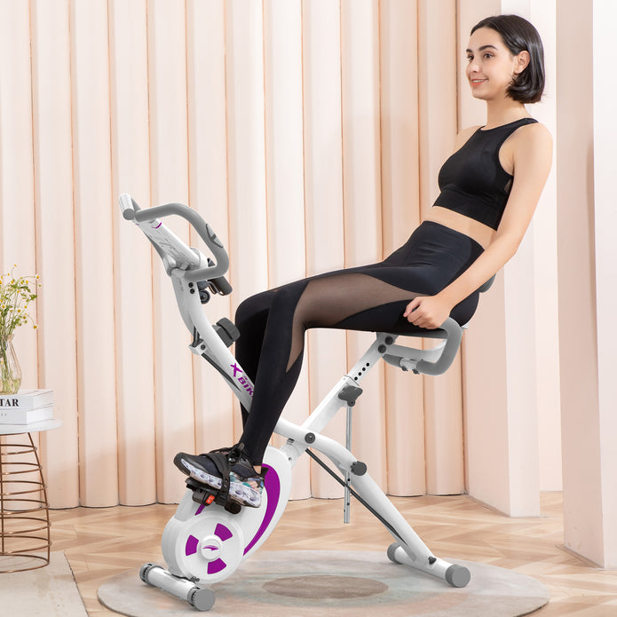 leikefitness Folding Stationary Bike Recumbent Exercise Bike w/Arm Resistance Bands-Pulse Sensor-LCD Monitor and Easy to Assemble Indoor Cycling Bike 2280