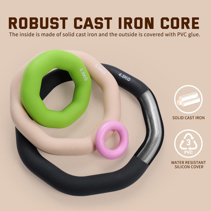 Leikefitness Weight Ring 2-in-1 Kettlebell & Dumbbell, cast iron+PVC coating, Yoga Exercise, Aerobics, Core Training, 4 in a set (0.33LB + 5.5LB + 7.7LB + 9.9LB)