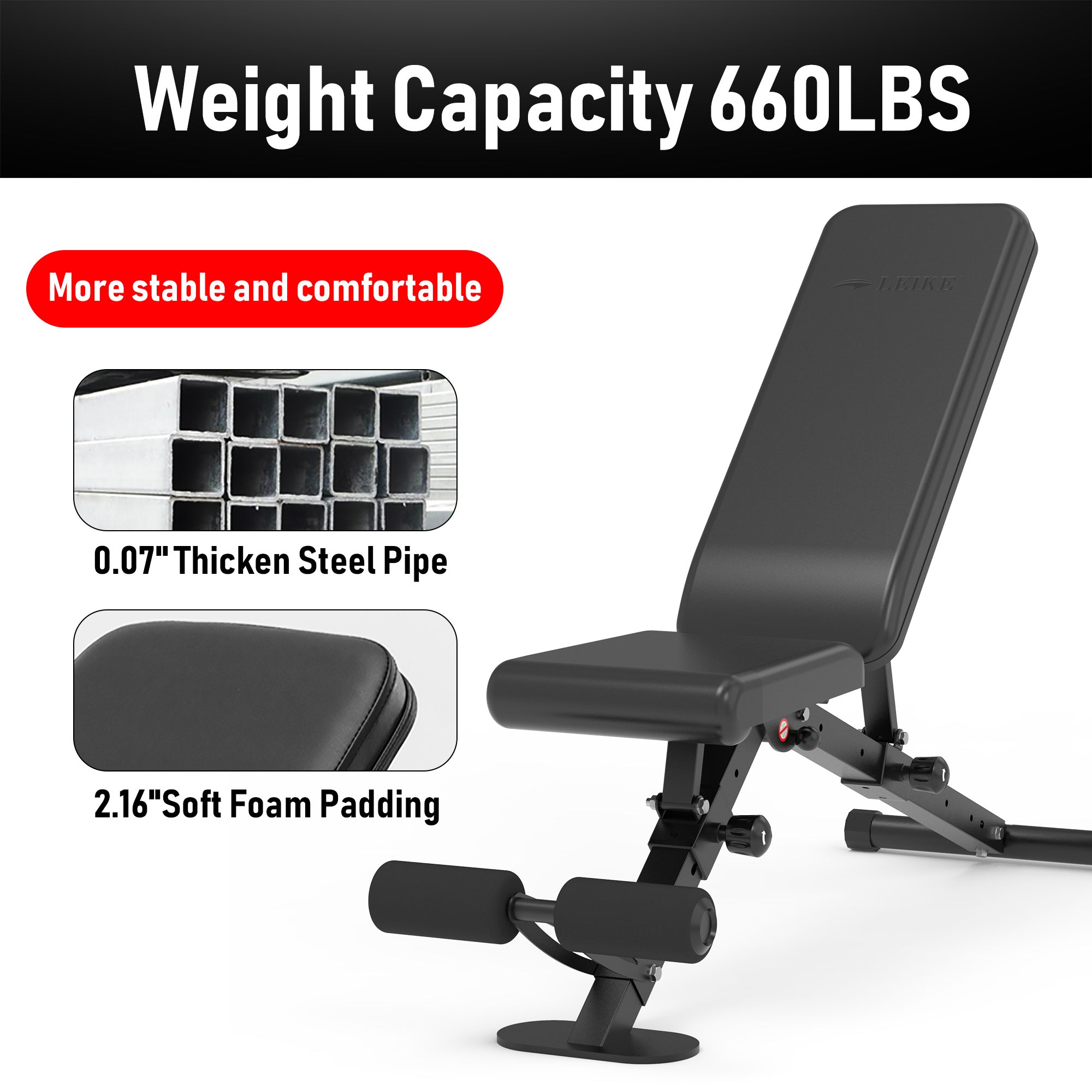 leikefitness Adjustable Weight Bench Foldable Workout Exercise Bench with Automatic Lock for Upright Incline Decline and Flat Full Body Exercise