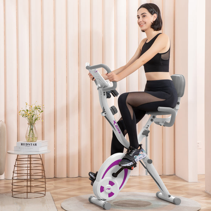 leikefitness Folding Stationary Bike Recumbent Exercise Bike w/Arm Resistance Bands-Pulse Sensor-LCD Monitor and Easy to Assemble Indoor Cycling Bike 2280